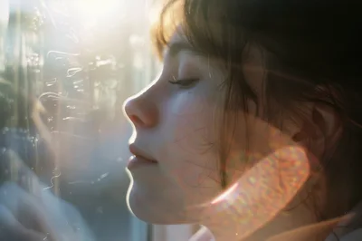 Young Woman Leaning Against A Window In Sunlight