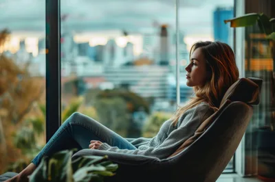 Young Woman Relaxing In Armchair By City Window