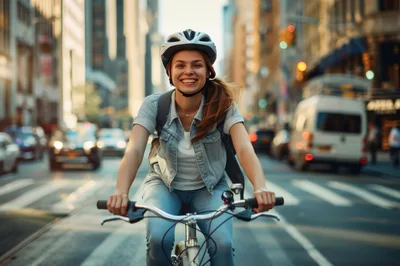Young Woman Cycling Through Busy City Street