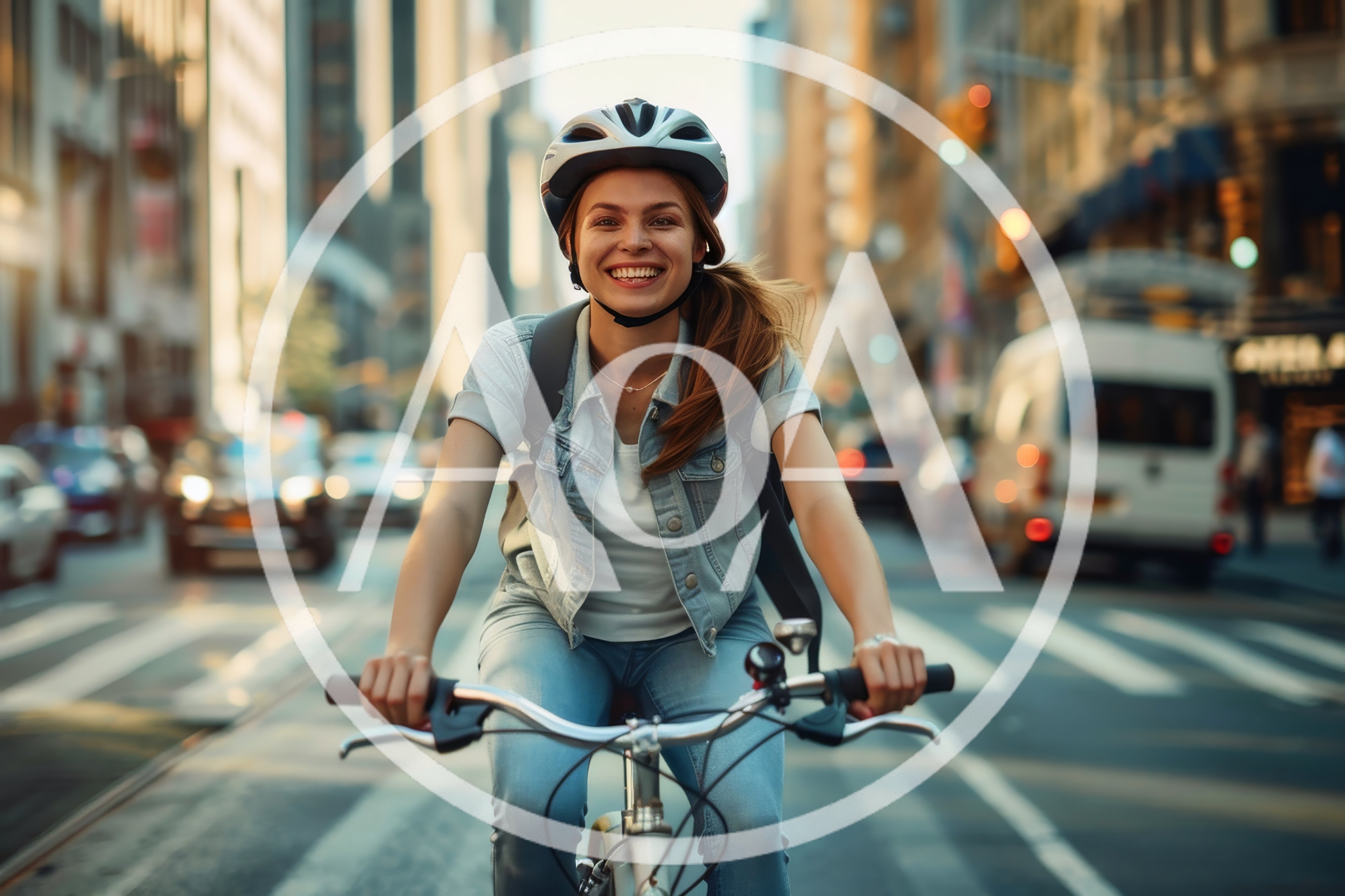 Young Woman Cycling Through Busy City Street