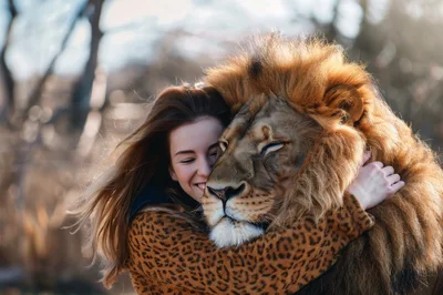 Young Woman Embracing A Large Male Lion