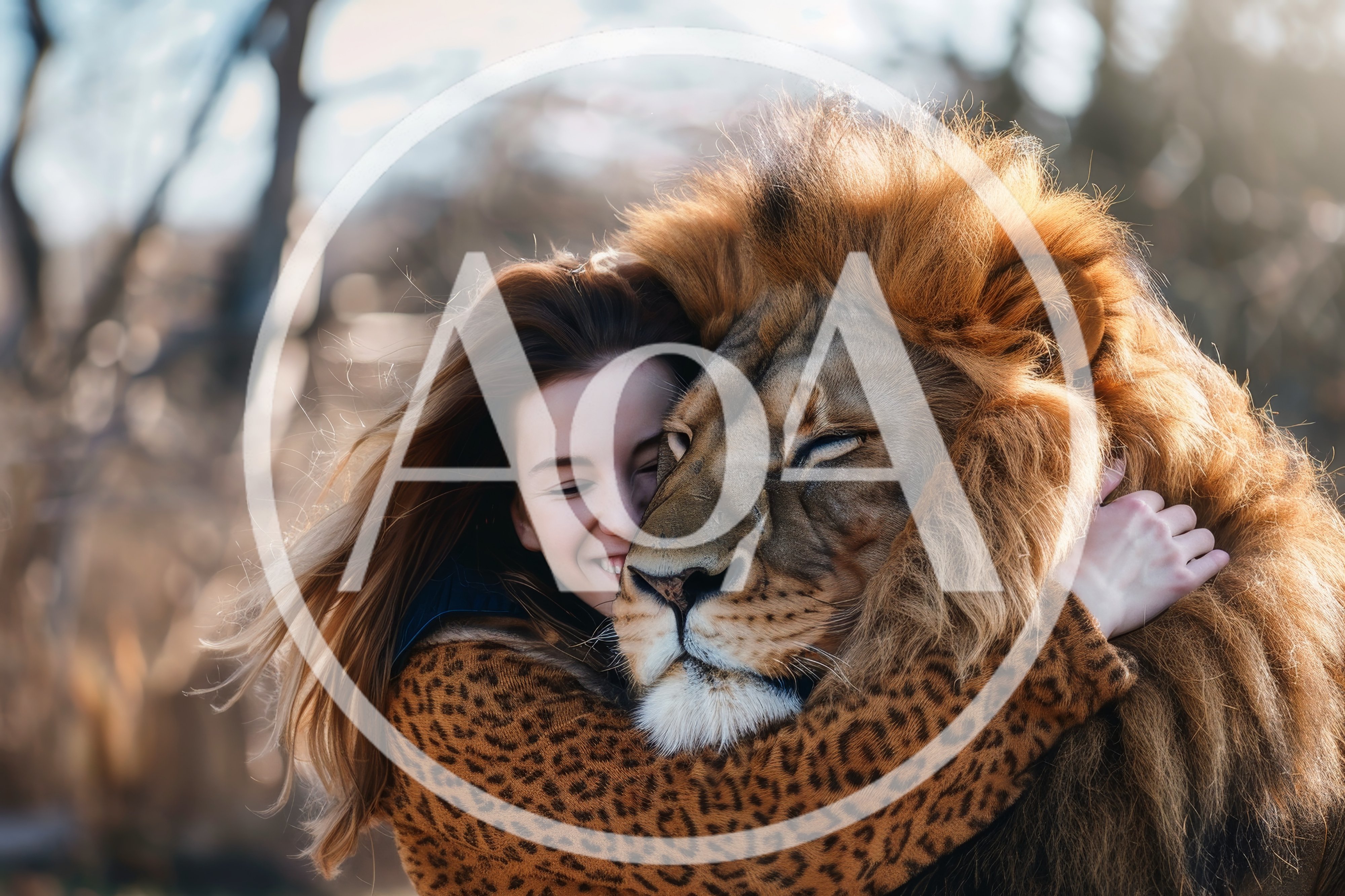 Young Woman Embracing A Large Male Lion