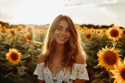 Young Woman Smiling In A Sunflower Field
