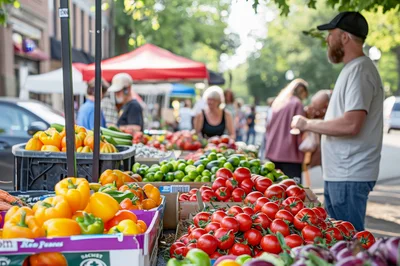Shoppers Browsing Fresh Produce at an Outdoor Farmers Market