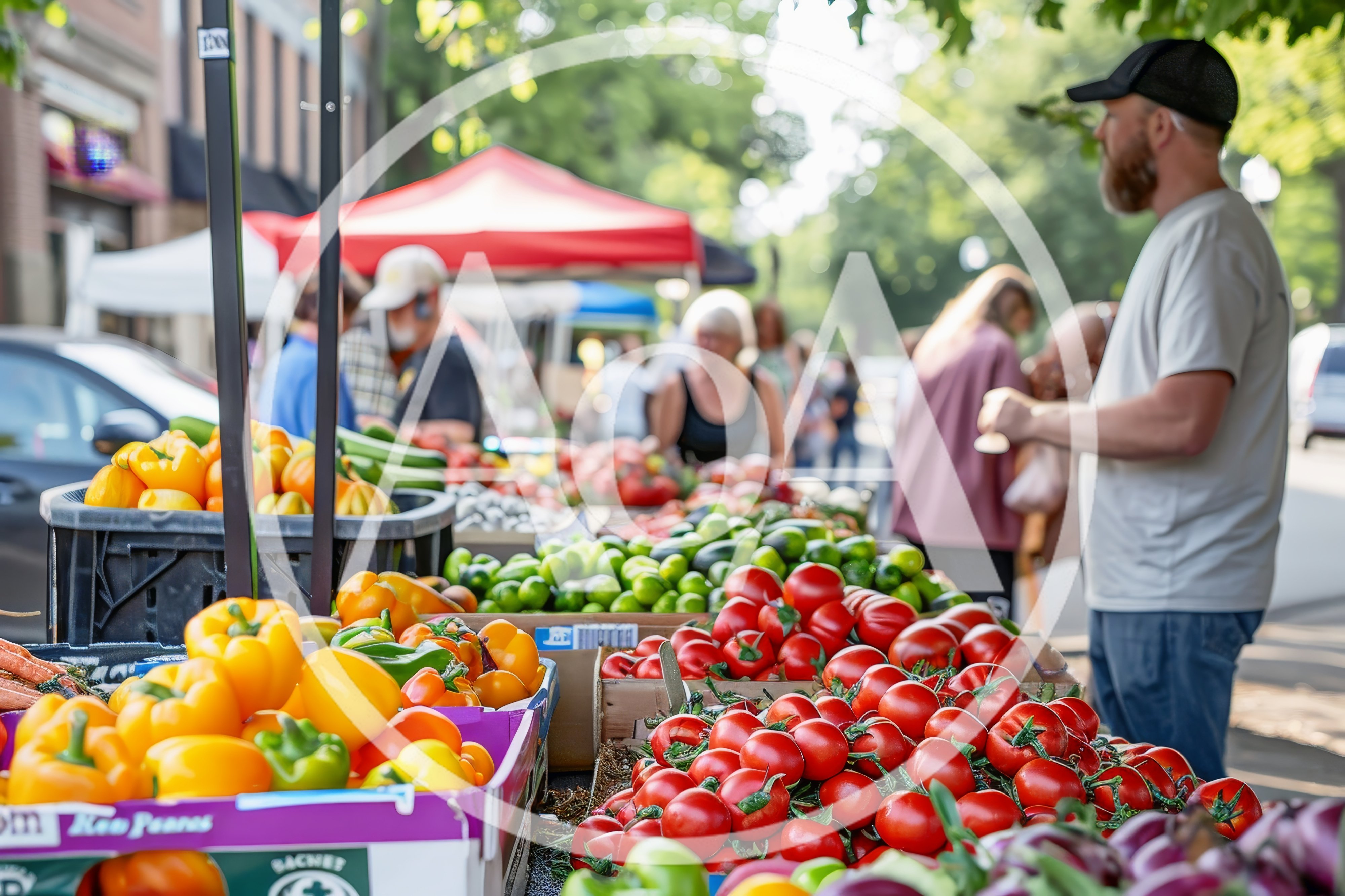 Shoppers Browsing Fresh Produce at an Outdoor Farmers Market