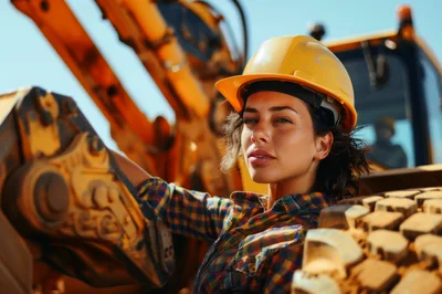Female Construction Worker Posing Near Heavy Machinery