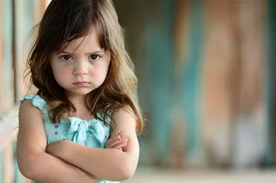 Portrait Of A Grumpy Little Girl With Crossed Arms