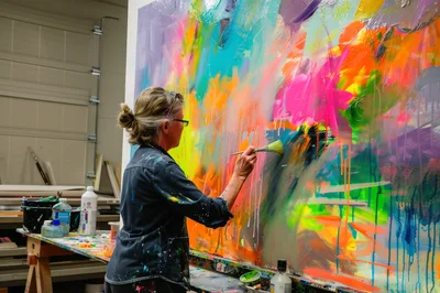 Mature Female Artist Painting Abstract Canvas In Studio
