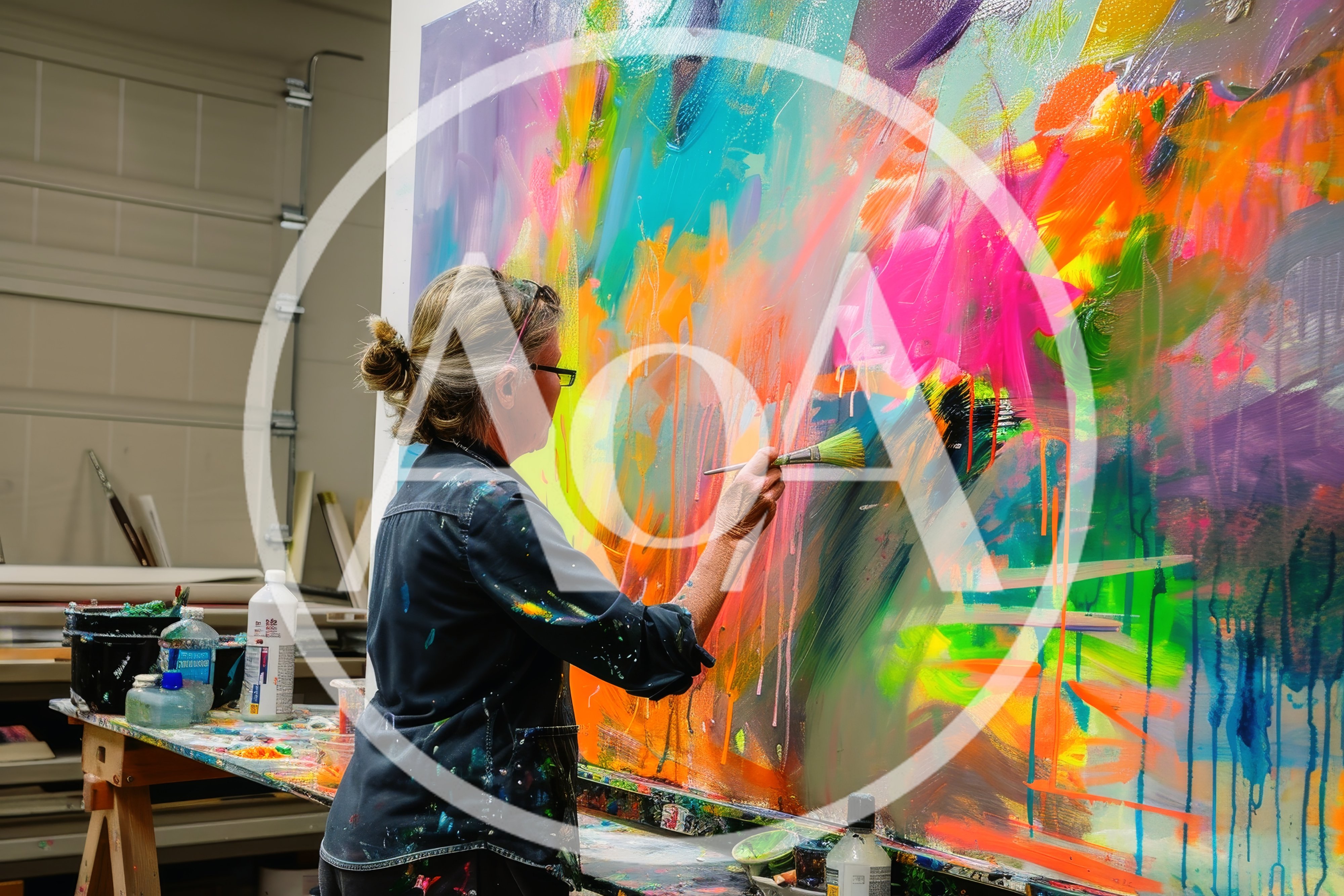 Mature Female Artist Painting Abstract Canvas In Studio