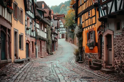 Cobblestone Street In A Traditional Alsatian Village