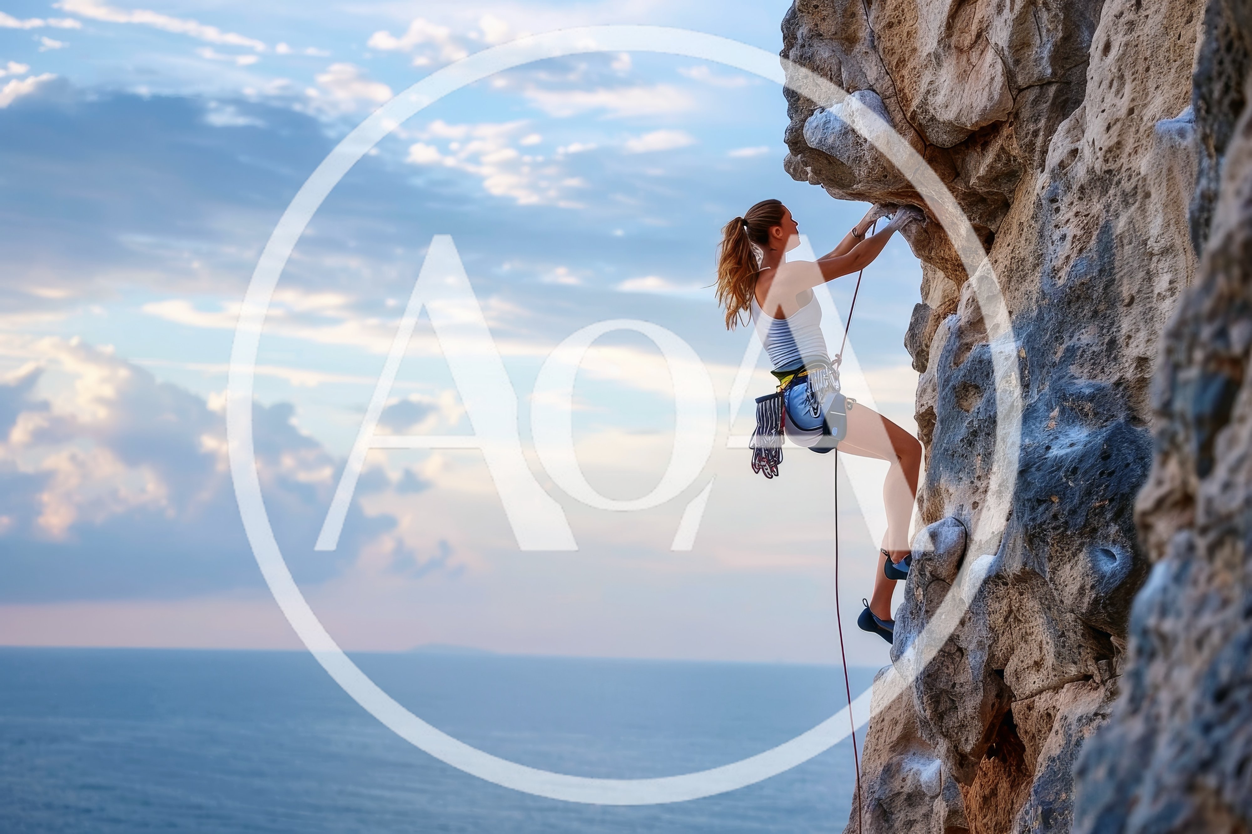Female Rock Climber Scaling A Coastal Cliff