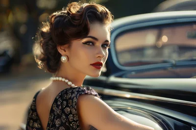 Elegant Woman In Vintage Style Beside Classic Car