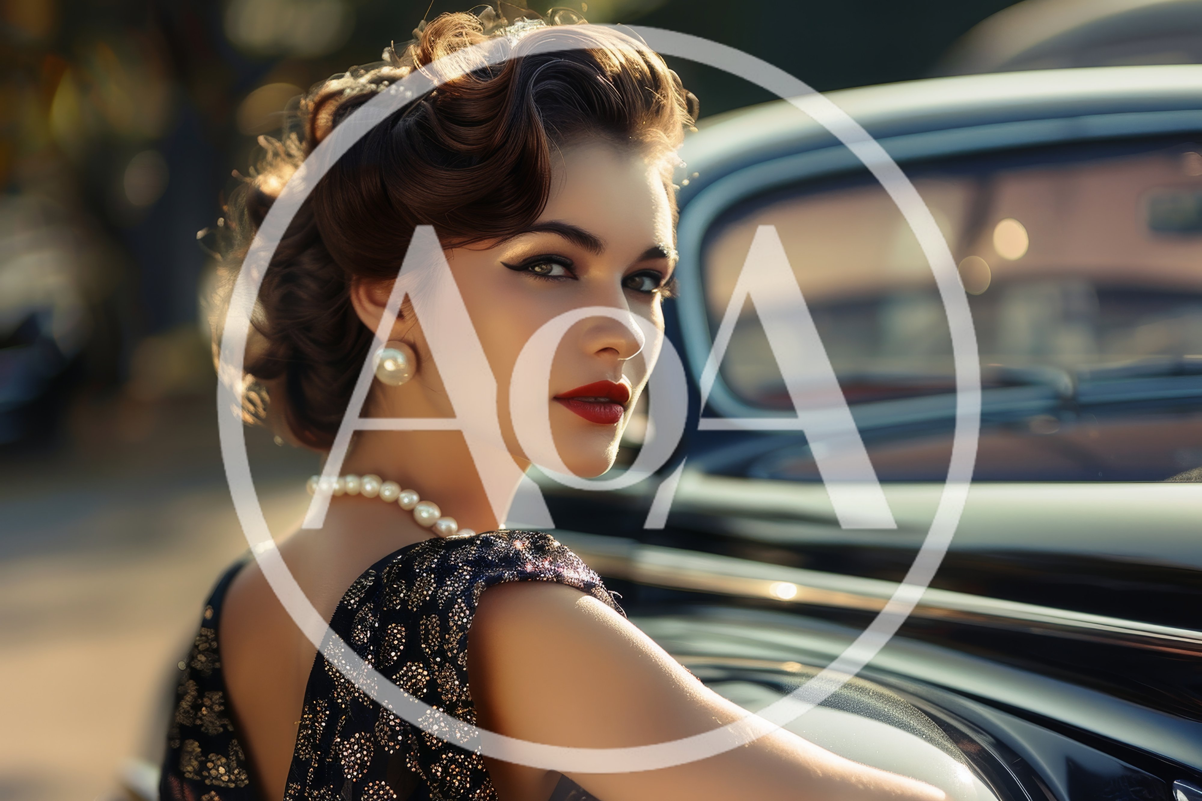 Elegant Woman In Vintage Style Beside Classic Car