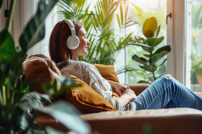Young Woman Relaxing On Sofa With Headphones