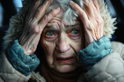Distressed Elderly Woman Holding Her Head In Despair