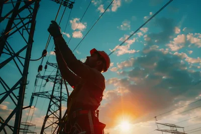 Electrical Lineman Working On High Voltage Power Tower
