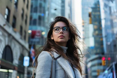 Young Woman With Glasses Walking Through City Streets