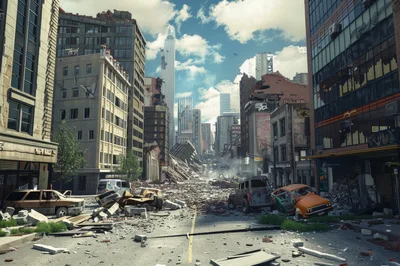 Post Apocalyptic City Street With Ruined Buildings And Vehicles