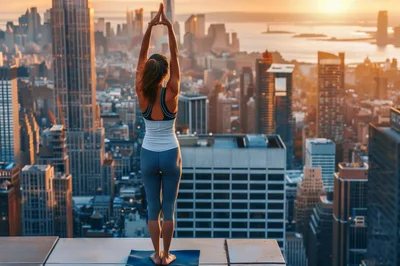 Woman Practicing Yoga On A Rooftop At Sunset