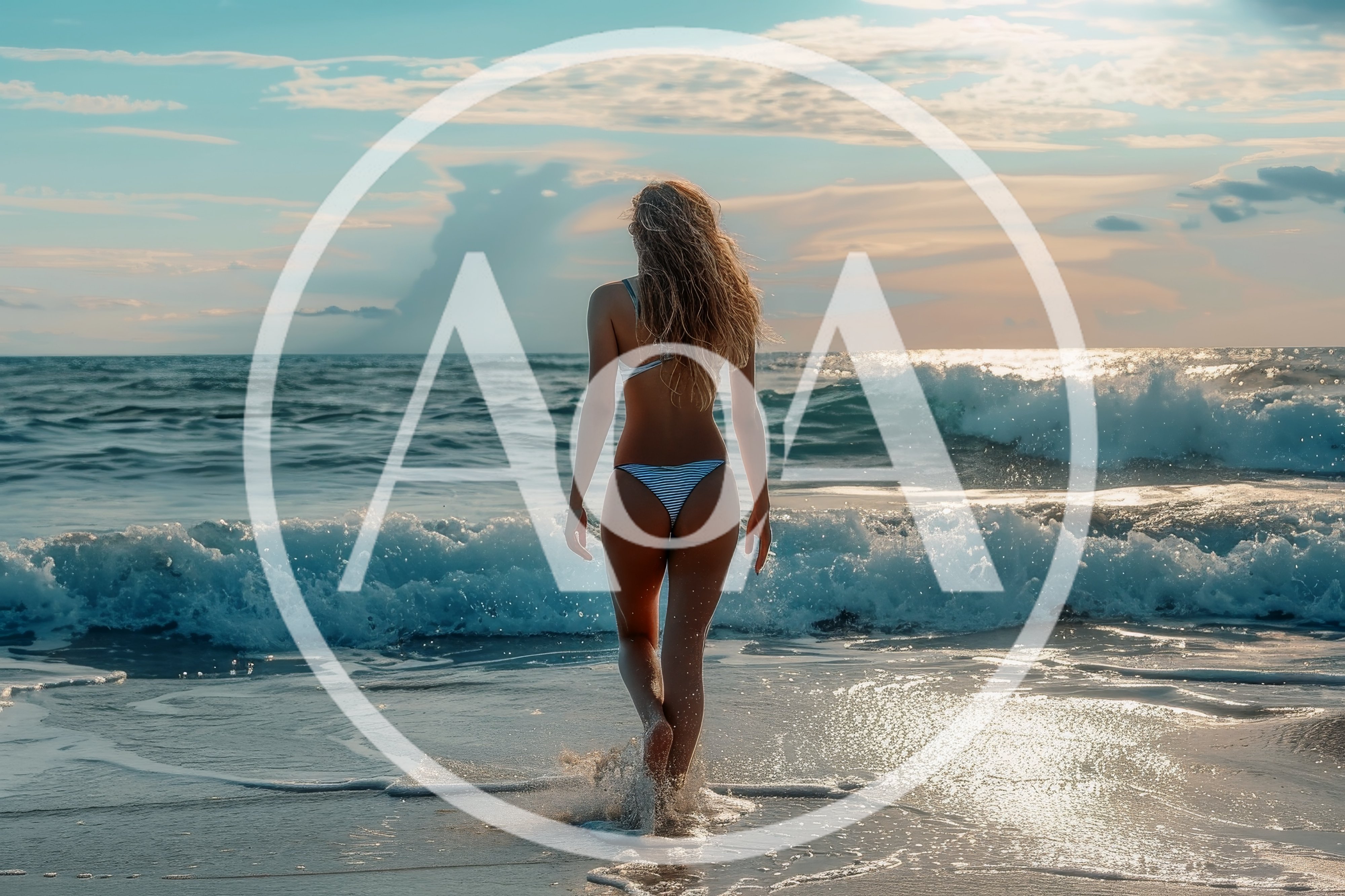Woman Walking Into The Ocean At Sunset
