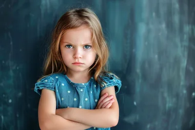 Portrait Of A Grumpy Little Girl With Crossed Arms