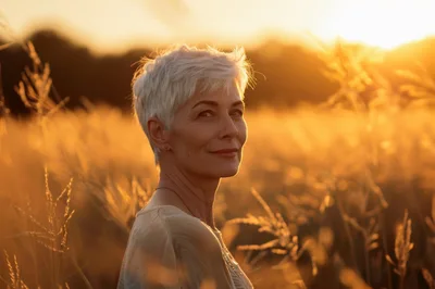 Mature Woman With Short White Hair In Golden Field