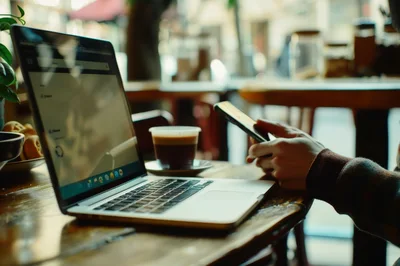 Person Using Smartphone While Working On Laptop In Cafe