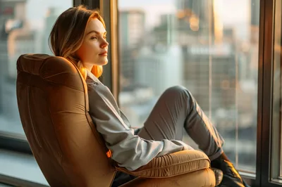 Woman Relaxing In Armchair By High Rise Window