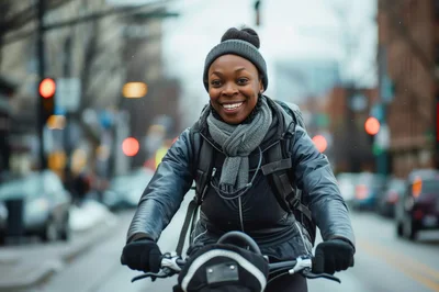 Smiling Female Delivery Cyclist Riding Through City Streets