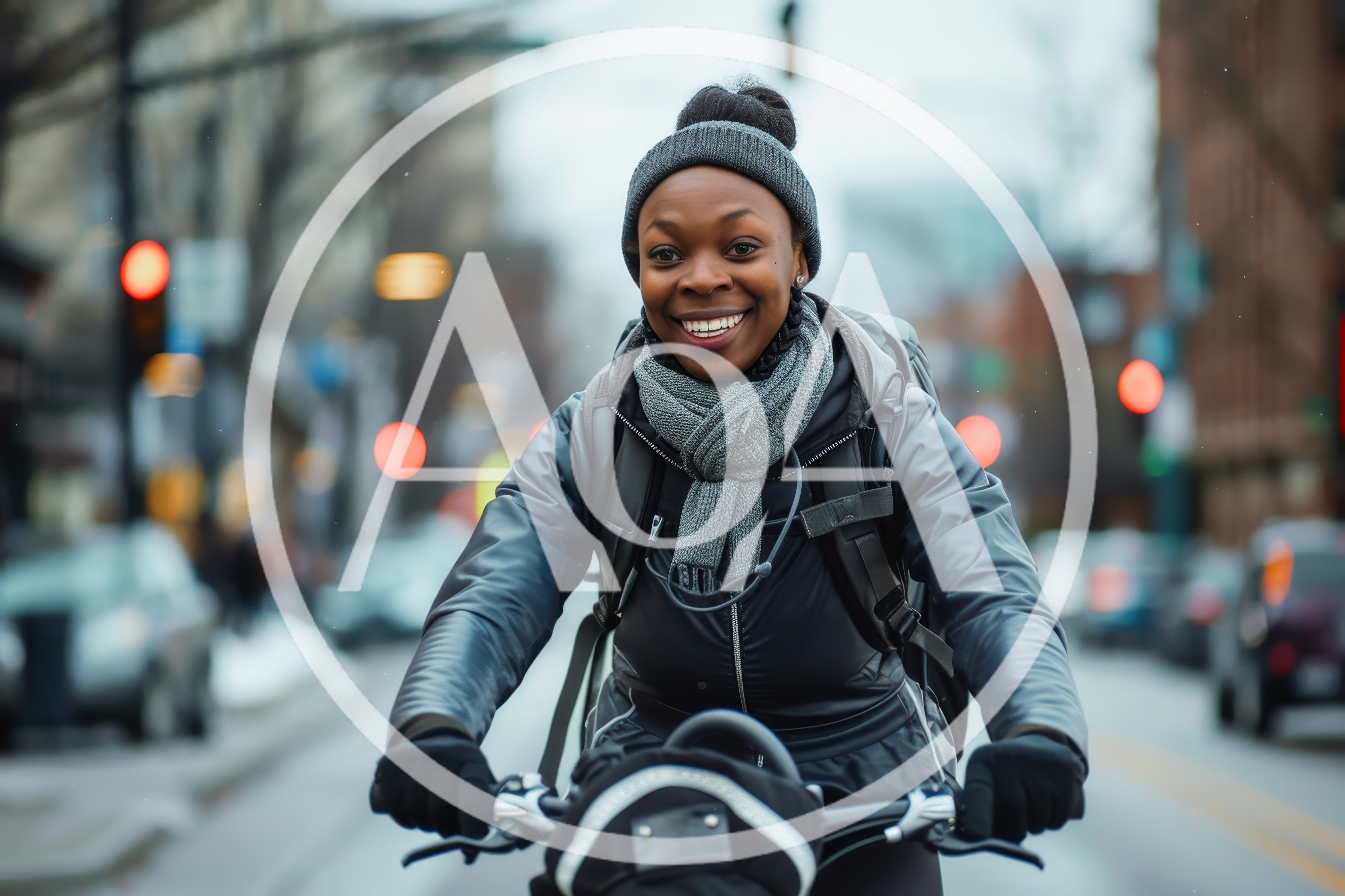Smiling Female Delivery Cyclist Riding Through City Streets