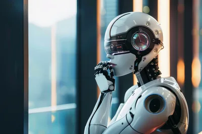 Thoughtful Android Robot Looking Out Office Window