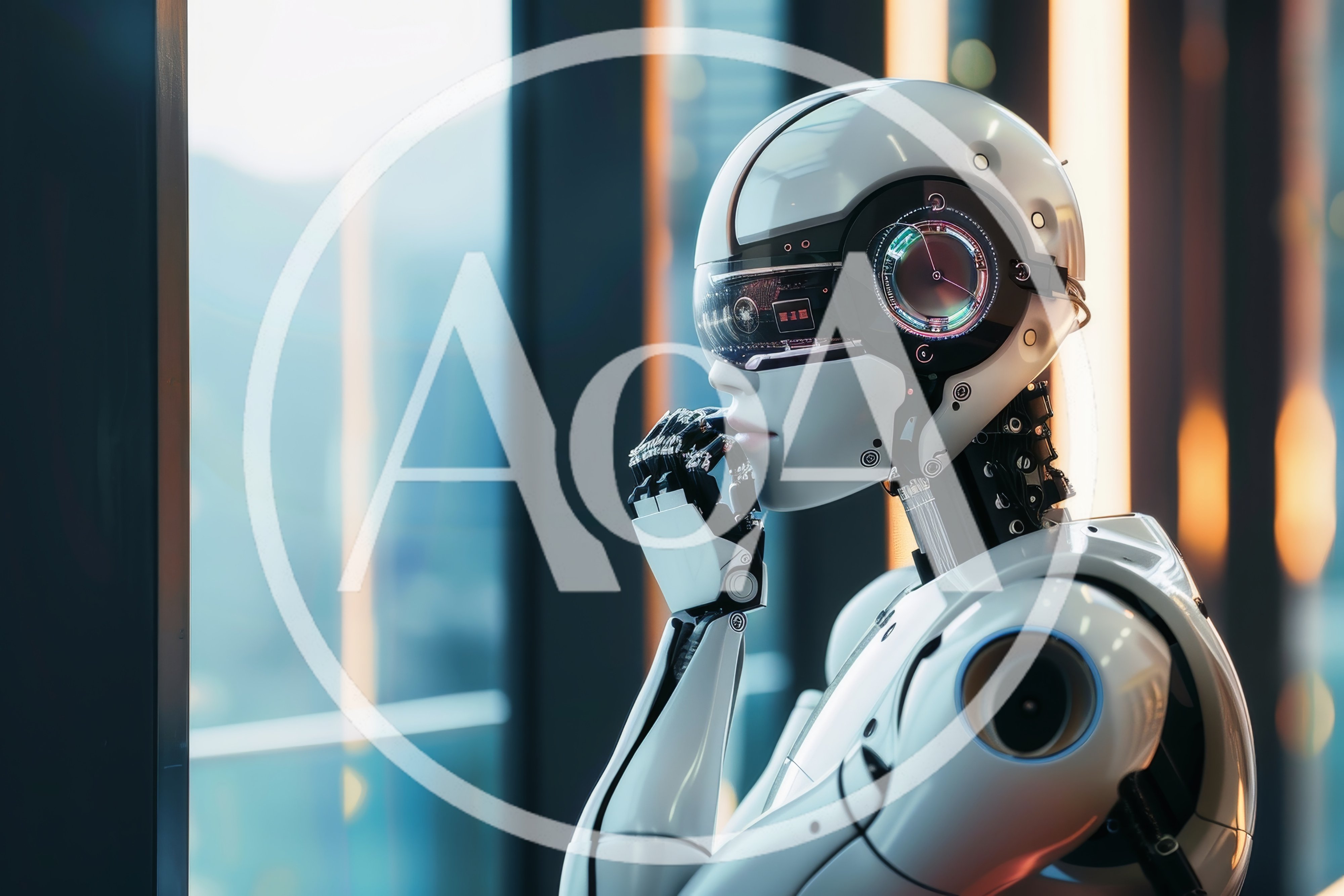 Thoughtful Android Robot Looking Out Office Window