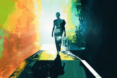 Abstract Silhouette Walking Down A Glowing Digital Runway