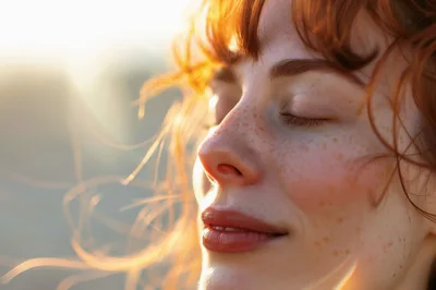Close Up Portrait Of A Redheaded Woman With Freckles