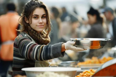 Young Woman Serving Food at a Community Soup Kitchen
