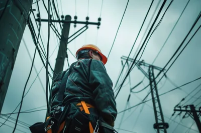 Electrical Lineman Working On Utility Pole