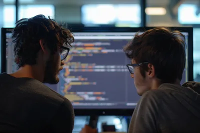 Two Software Developers Collaborating On Code At Computer