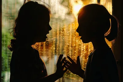 Silhouetted Children Communicating Through A Rainy Window