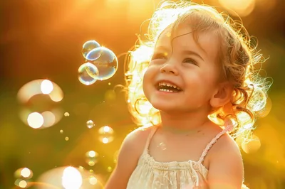 Happy Toddler Girl Playing With Bubbles Outdoors
