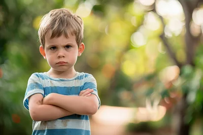 Portrait Of A Grumpy Young Boy With Crossed Arms