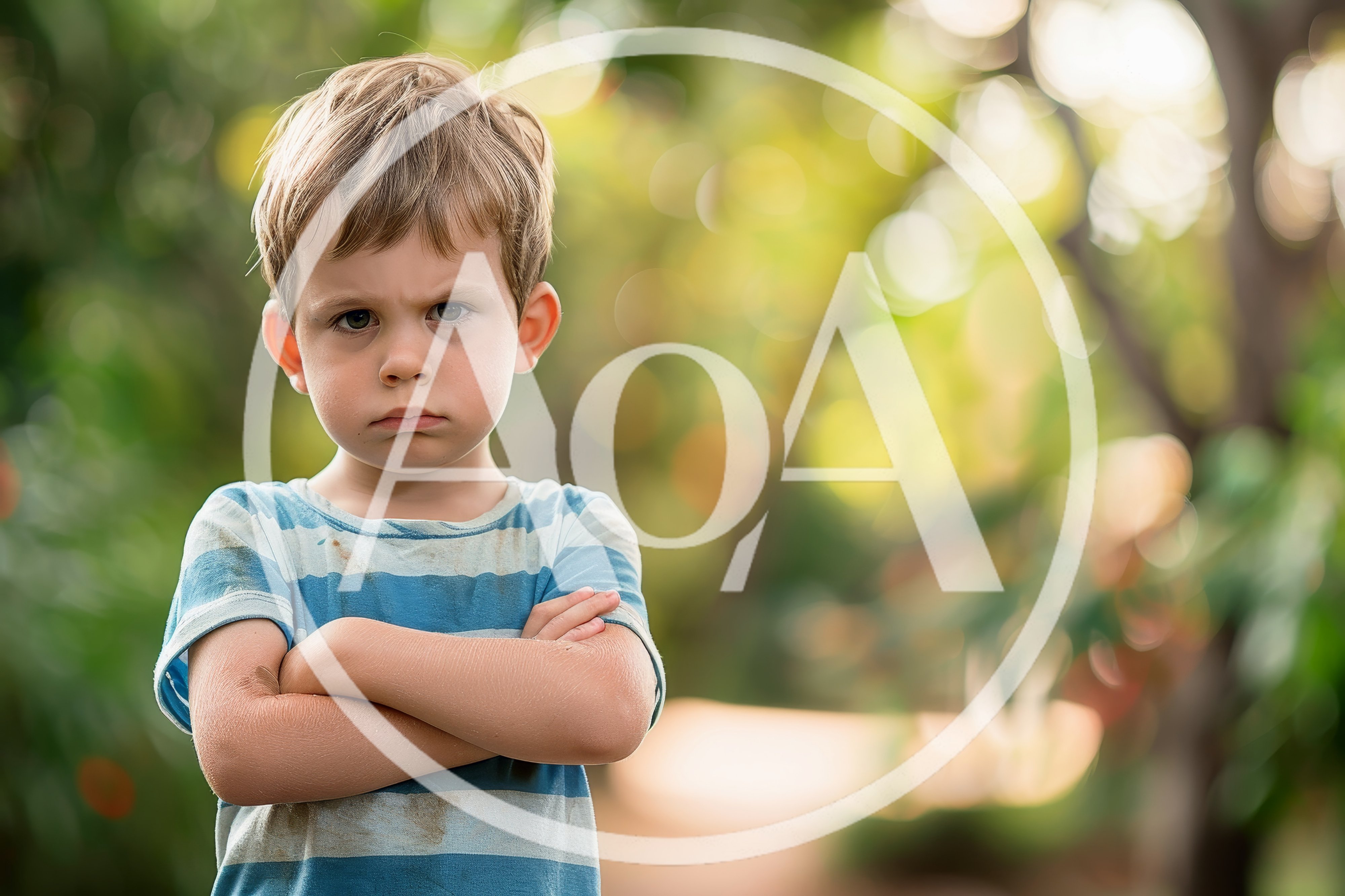 Portrait Of A Grumpy Young Boy With Crossed Arms