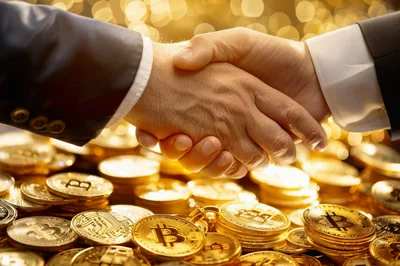 Business Handshake Over A Pile Of Bitcoin Coins