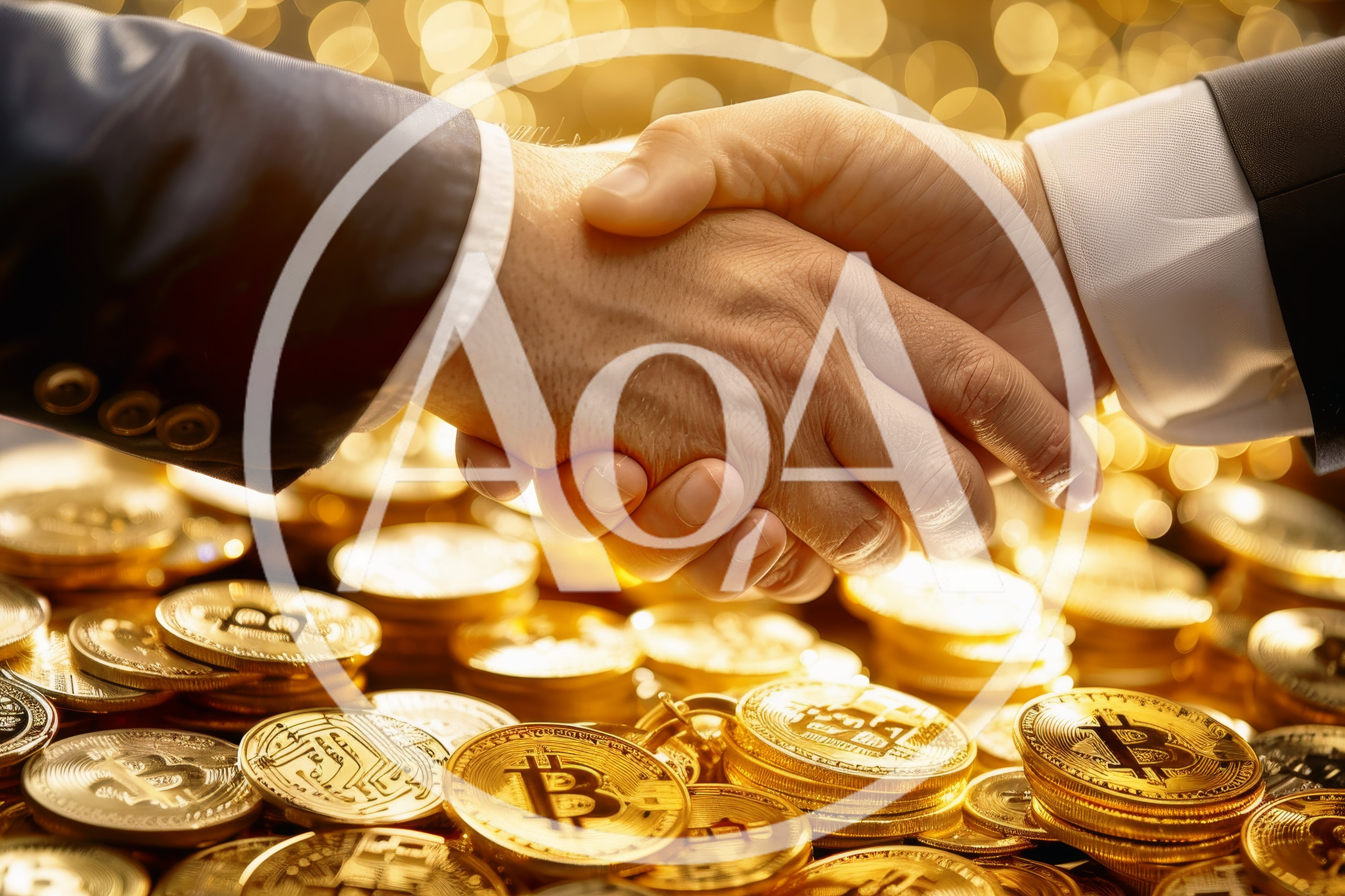 Business Handshake Over A Pile Of Bitcoin Coins