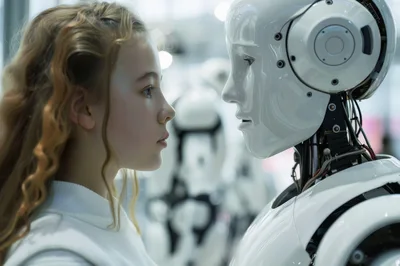 Young Girl Looking At A Humanoid Robot