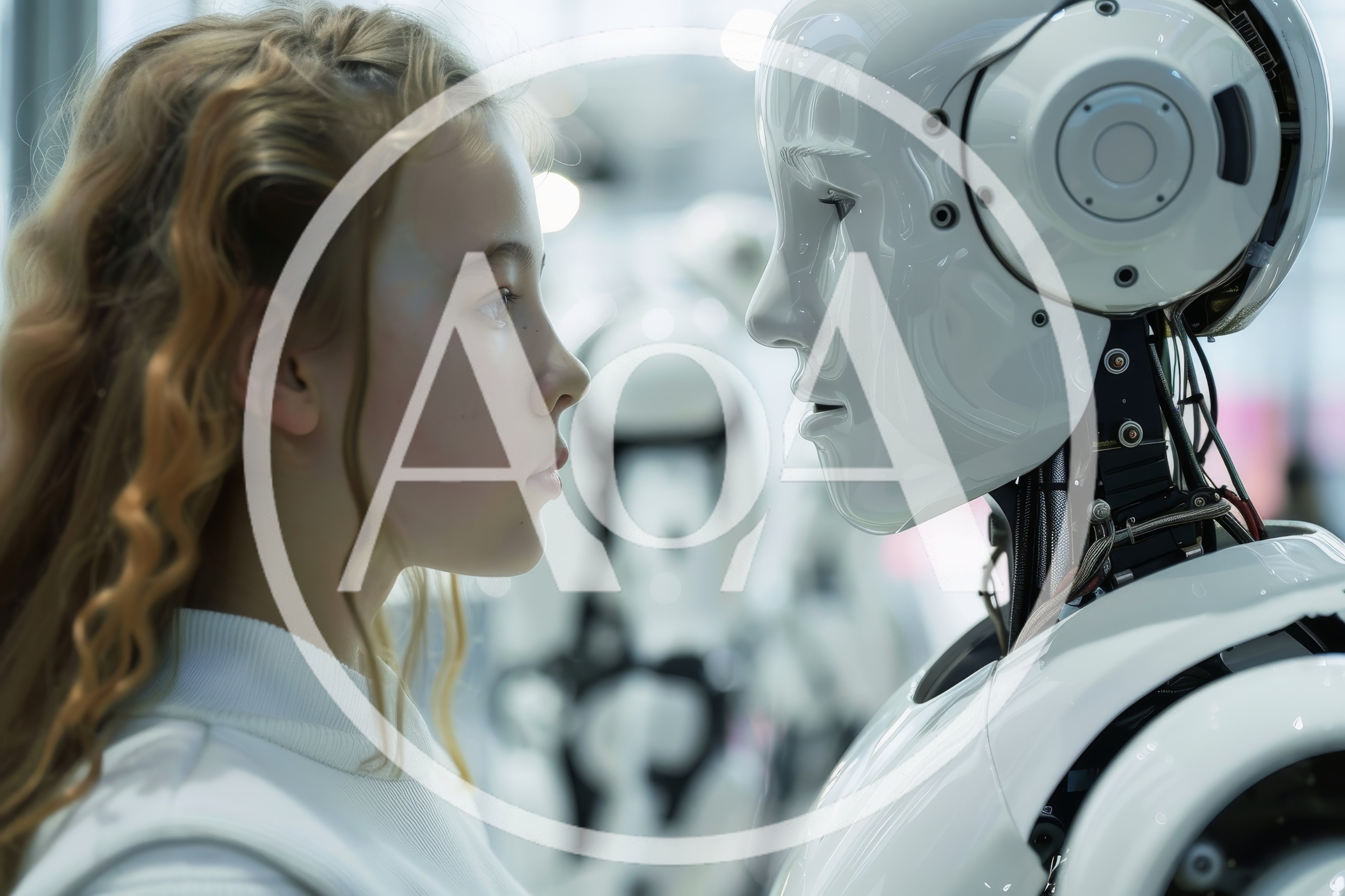 Young Girl Looking At A Humanoid Robot
