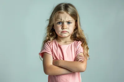 Portrait Of A Grumpy Little Girl With Crossed Arms