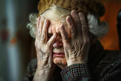Elderly Woman Covering Her Face In Deep Distress