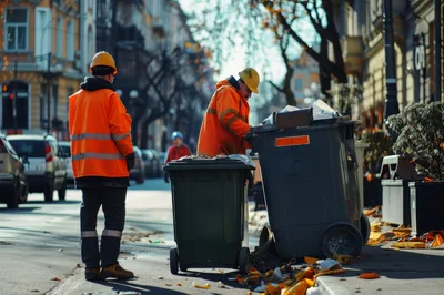 Sanitation Workers Cleaning City Street With Trash Bins
