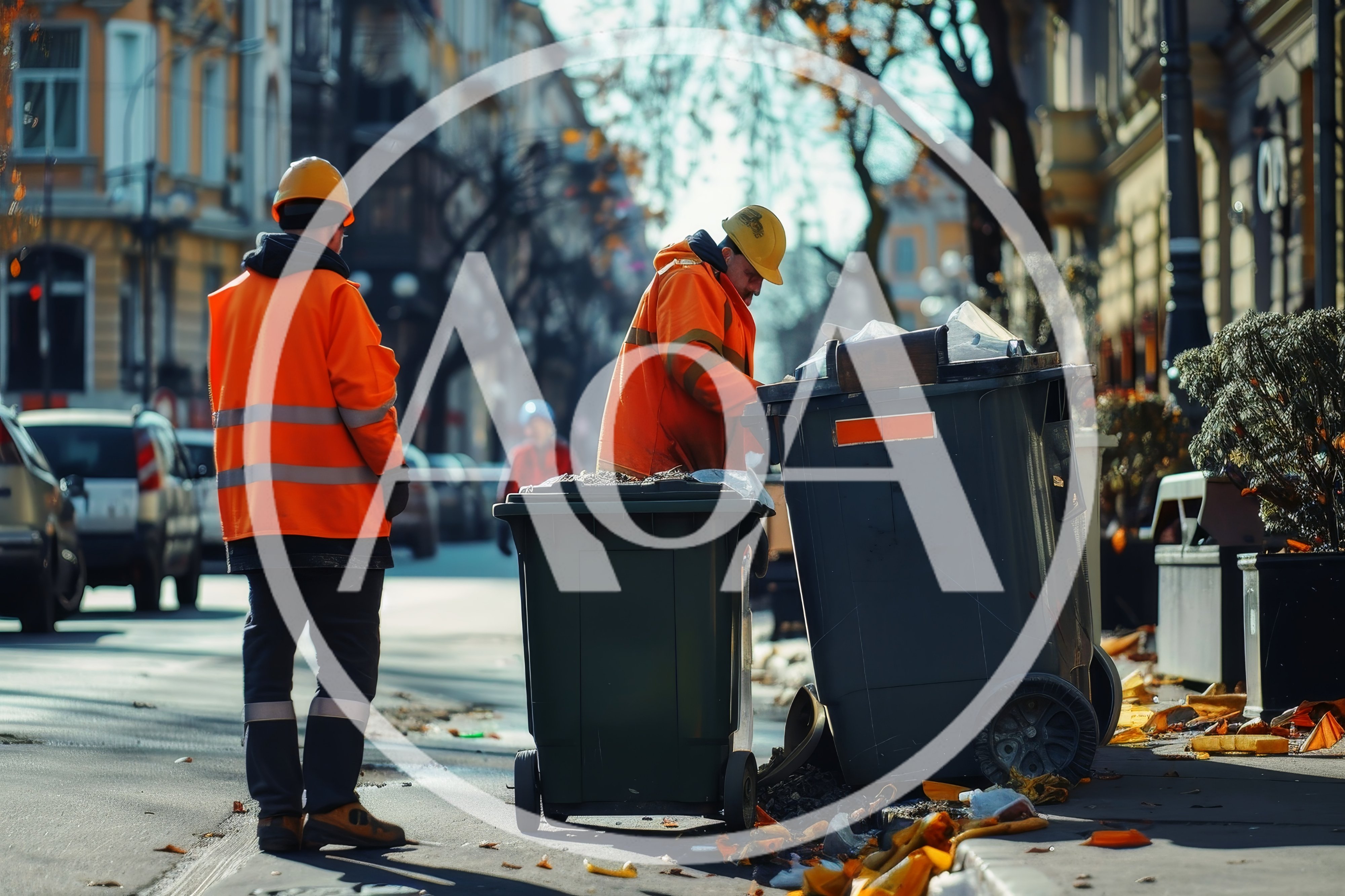 Sanitation Workers Cleaning City Street With Trash Bins