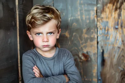 Portrait Of A Young Boy With A Serious Expression